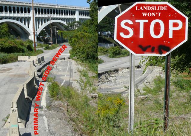 Irishtown Bend sewer under cracking roadway Cleveland Ohio